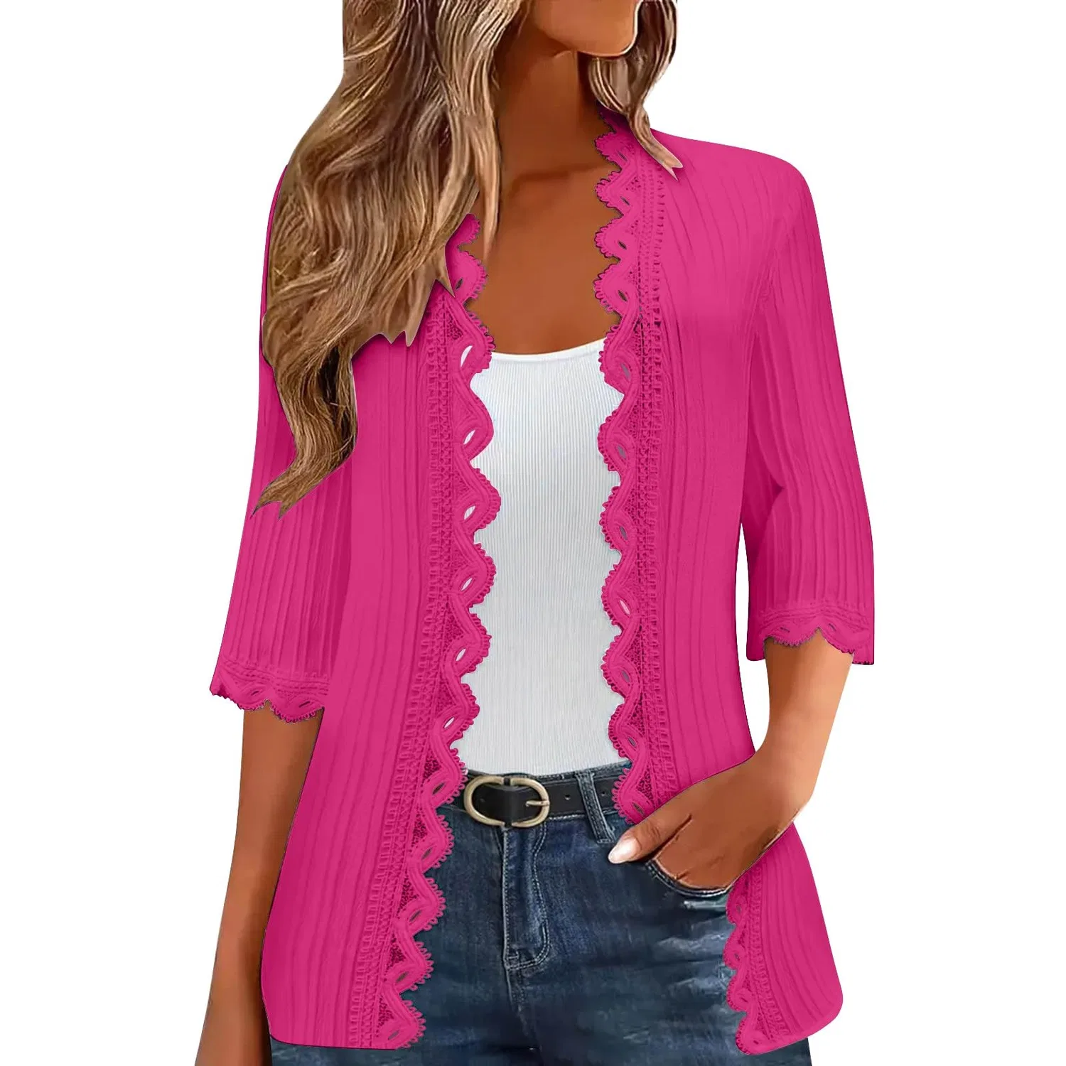 Женский легкий кардиган-кимоно с рукавом 3/4, Hot Pink
