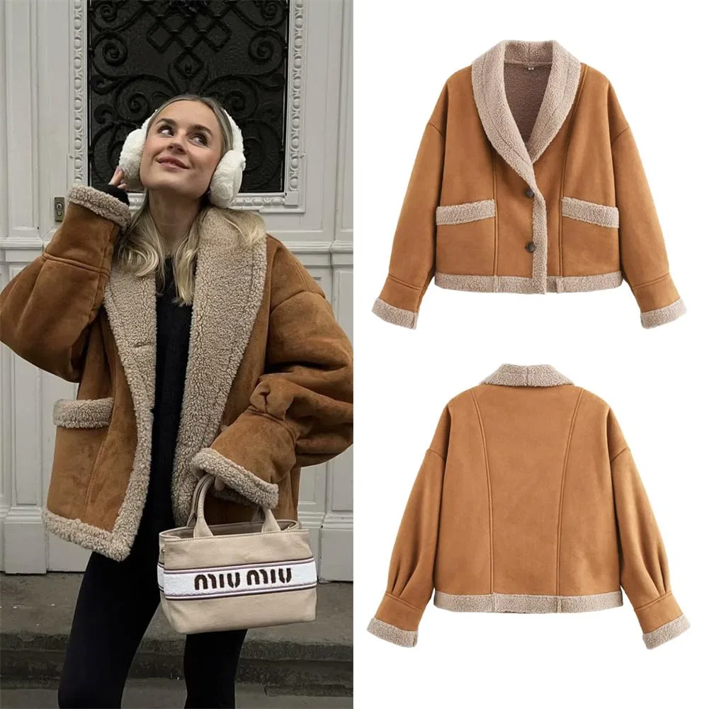 Женская куртка с подкладкой из шерпы, оверсайз, Faux Suede Leather Jacket, Verde — фото 2