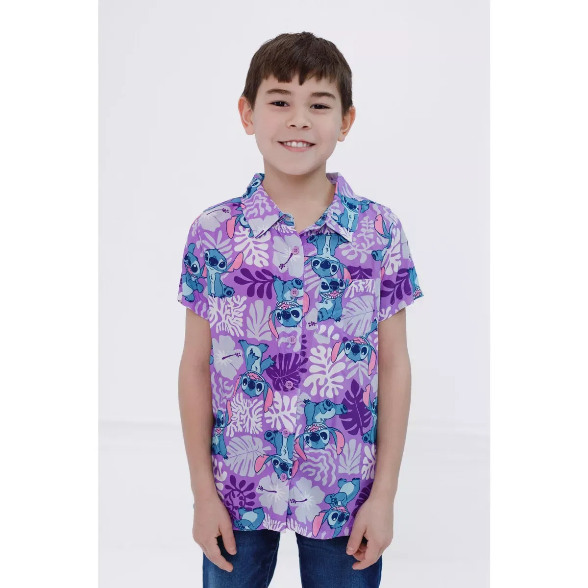 Детская рубашка с коротким рукавом с принтом Disney Lilo & Stitch Minnie Mouse Girls Hawaiian Button Down Shirt, Stitch — фото 2