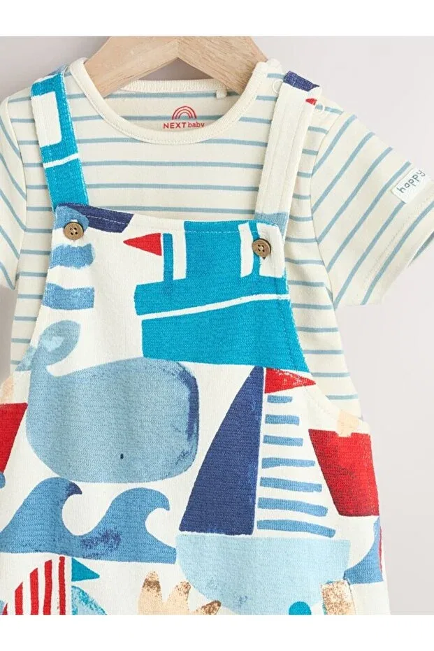 Детский комбинезон-боди с принтом 100% Cotton Blue Sea Salopet Bodysuit Set Next Baby, Multicolor — фото 3
