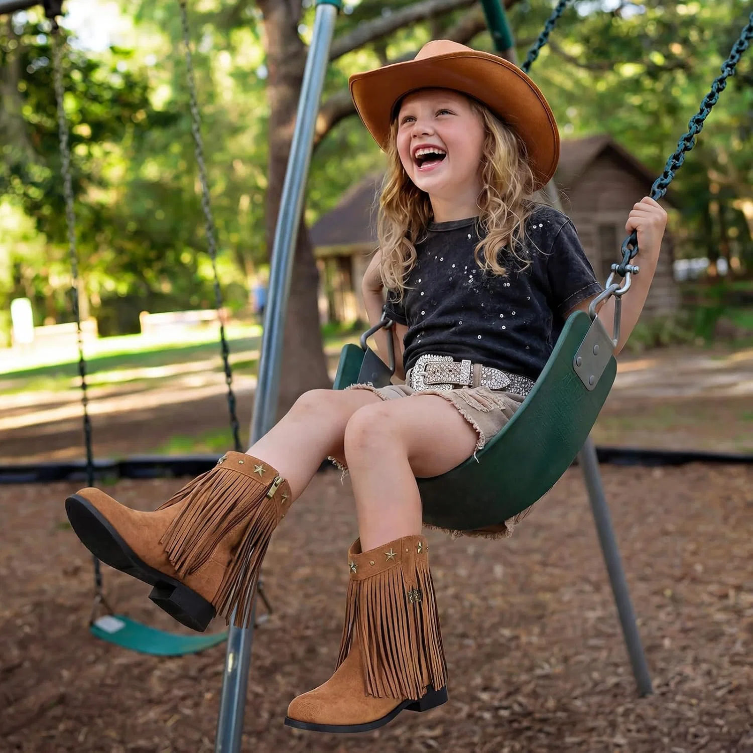 Детские сапоги для девочек с принтом Choiran Fringe Cowgirl Boots, Mocha — фото 2