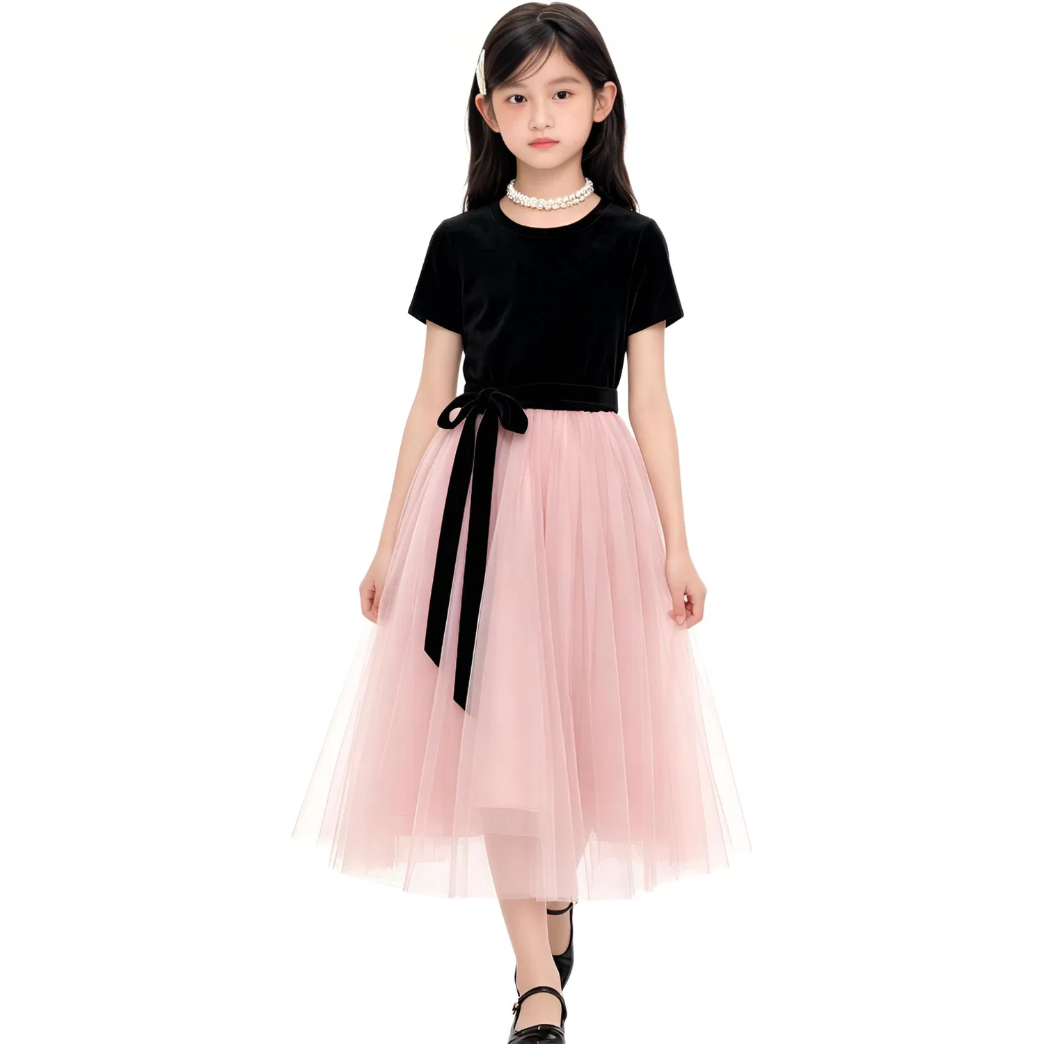 Детское платье для девочек с круглым вырезом, миди, Crew Neck Thin Midi Skirt Stretch, TNTX