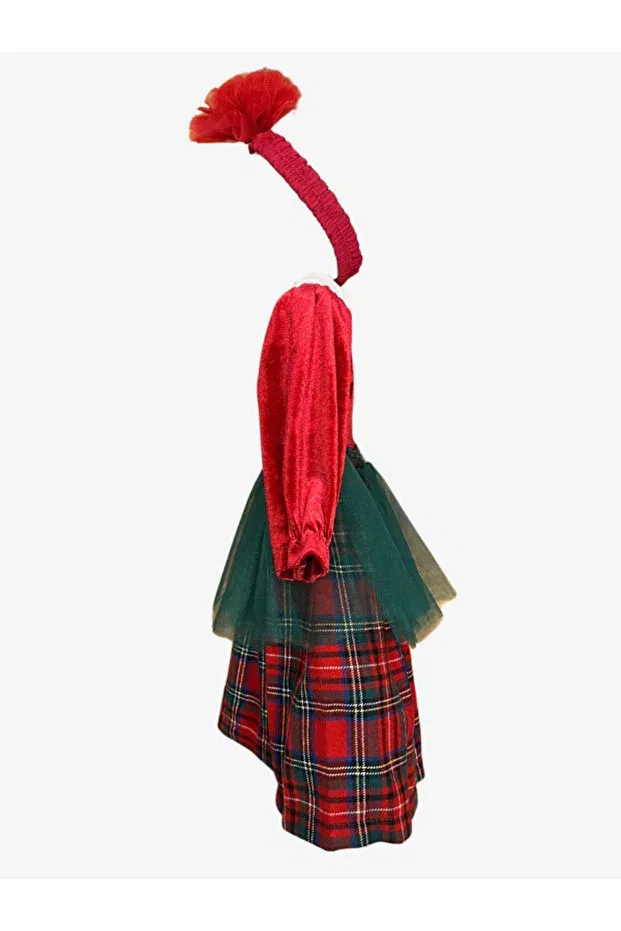 Детское платье для девочек с принтом Christmas detail baby-children's velvet plaided dress + crown Caramel, Red — фото 3