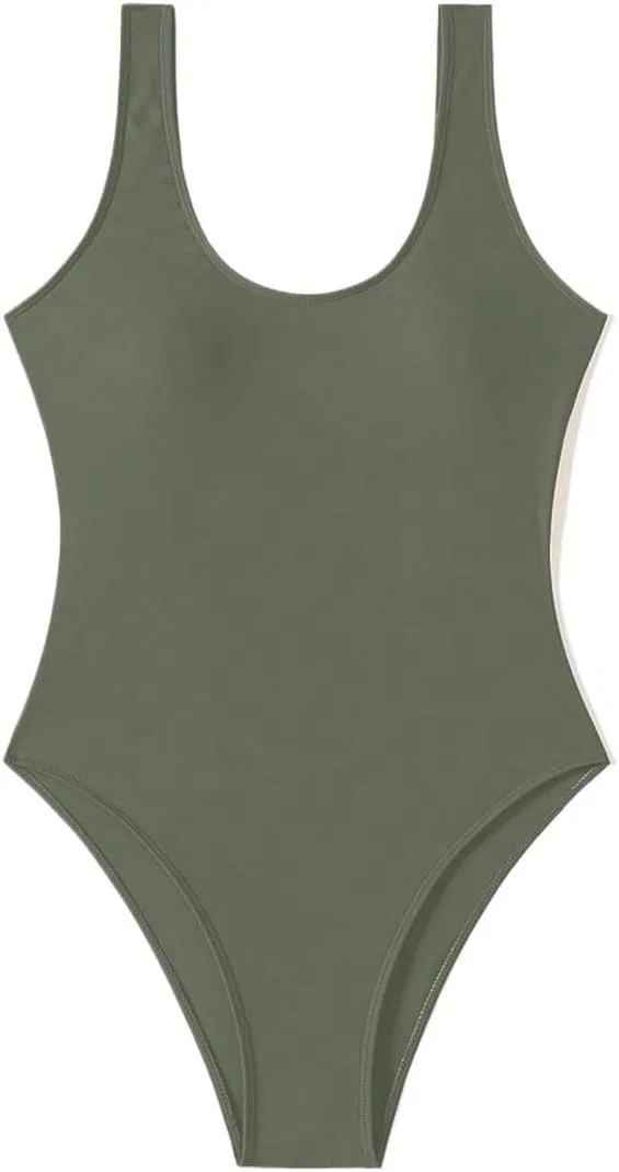 Женский цельный купальник с открытой спиной и высоким вырезом Army Green