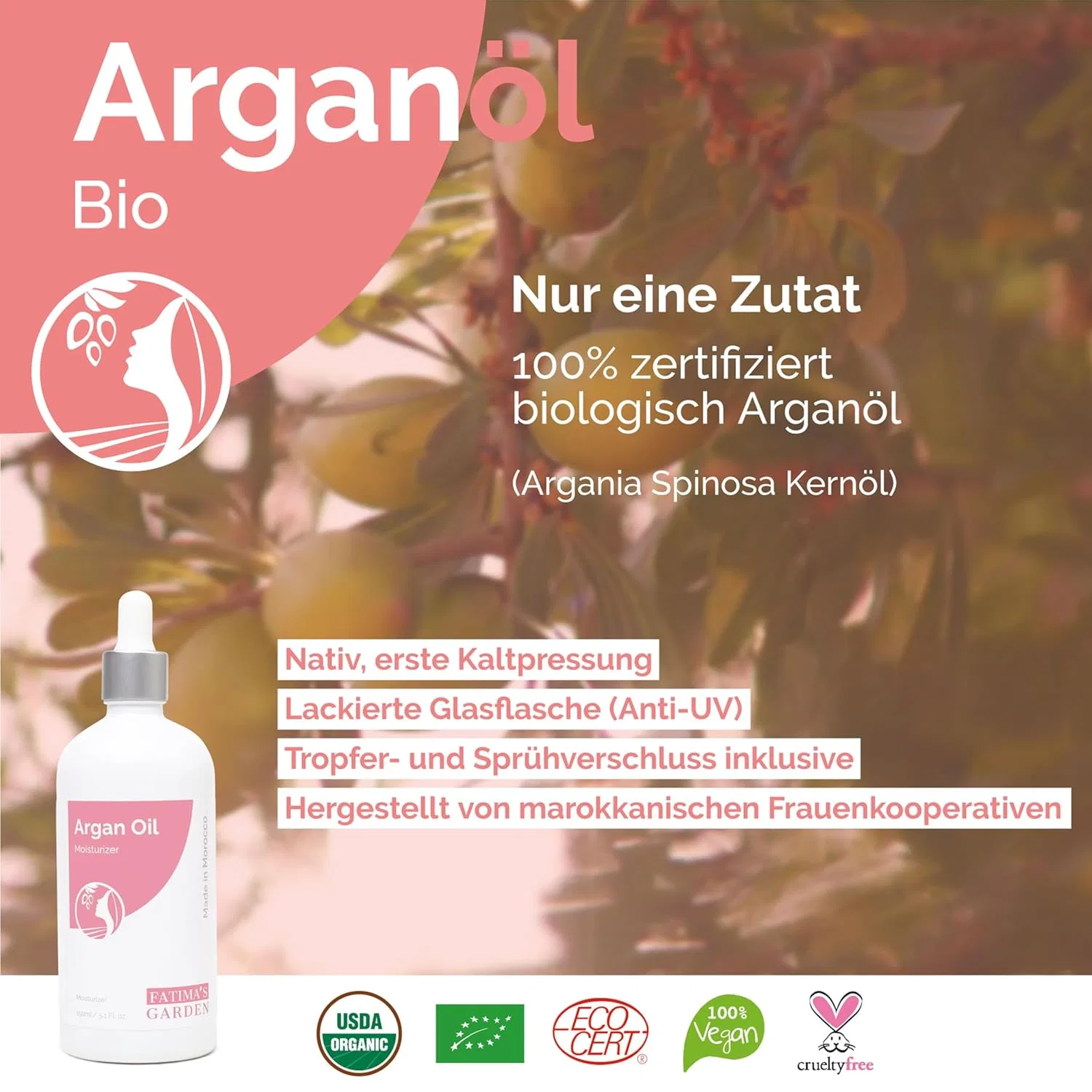 Масло для лица, волос, кожи и ногтей Argan, Fatima's Garden, 150 мл, Pure Argan Oil — фото 3