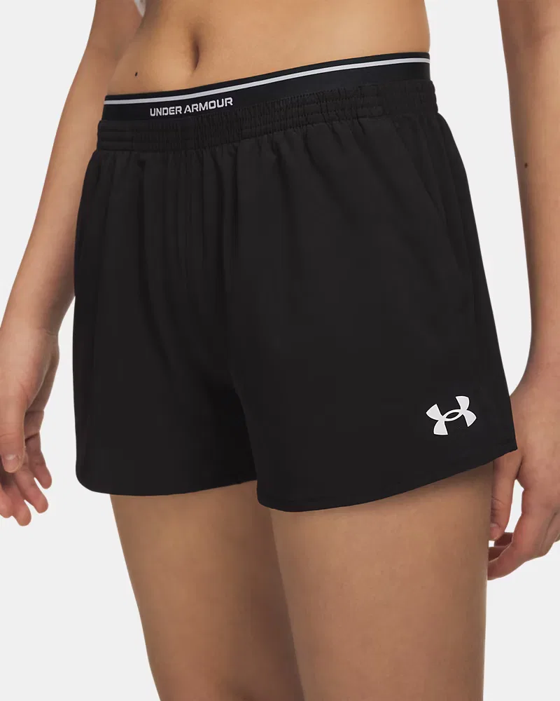 Шорты детские для девочек, внутренний шов 6,4 см, быстросохнущие UA Vanish Woven UnderArmour, Black/White — фото 4