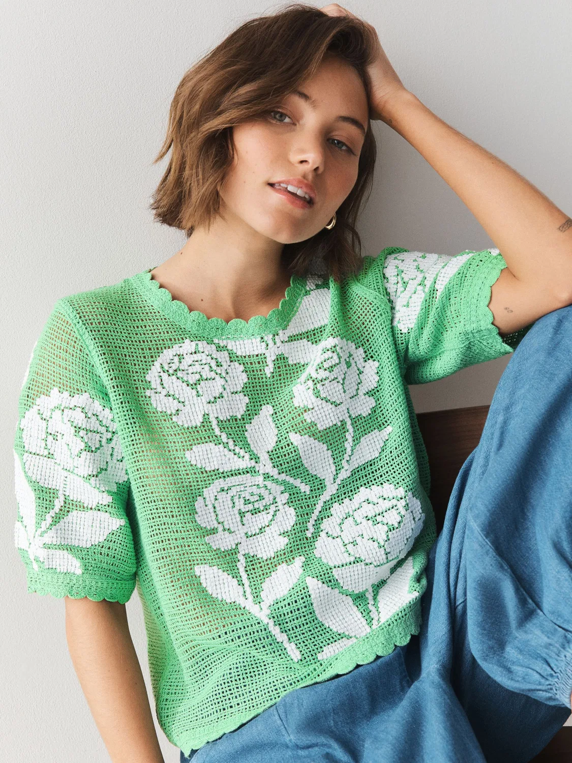 Футболка с цветочным кружевом Next, Green/White Multi Floral