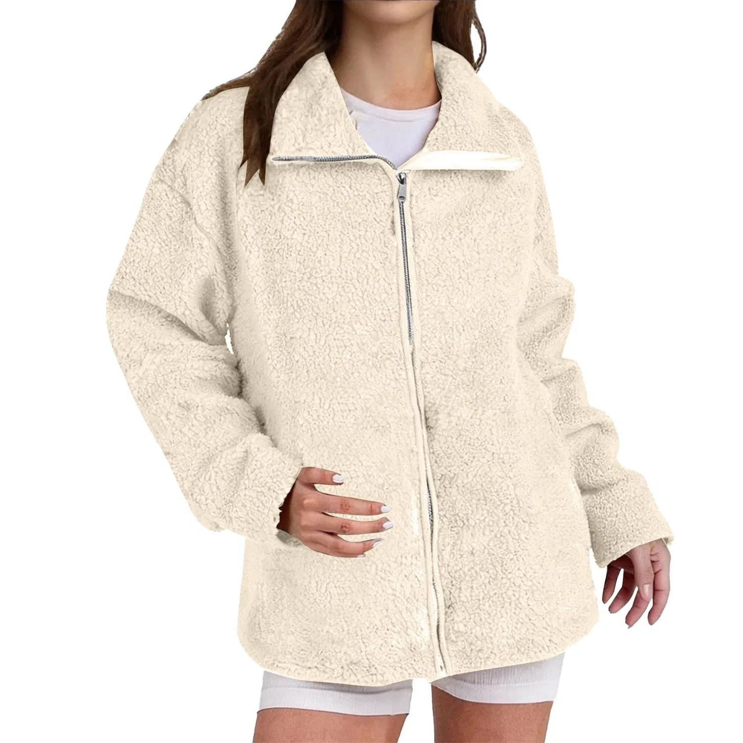 Женская куртка из флиса с принтом, на молнии, оверсайз, Beige — фото 3