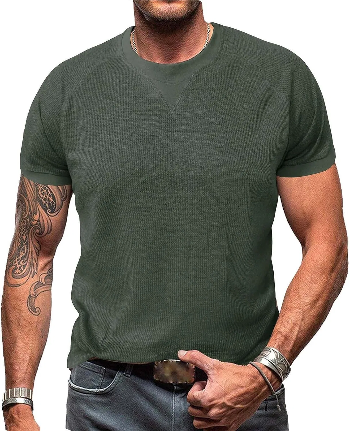 Мужская футболка с вафельной текстурой Casual Trendy, Army Green — фото 2