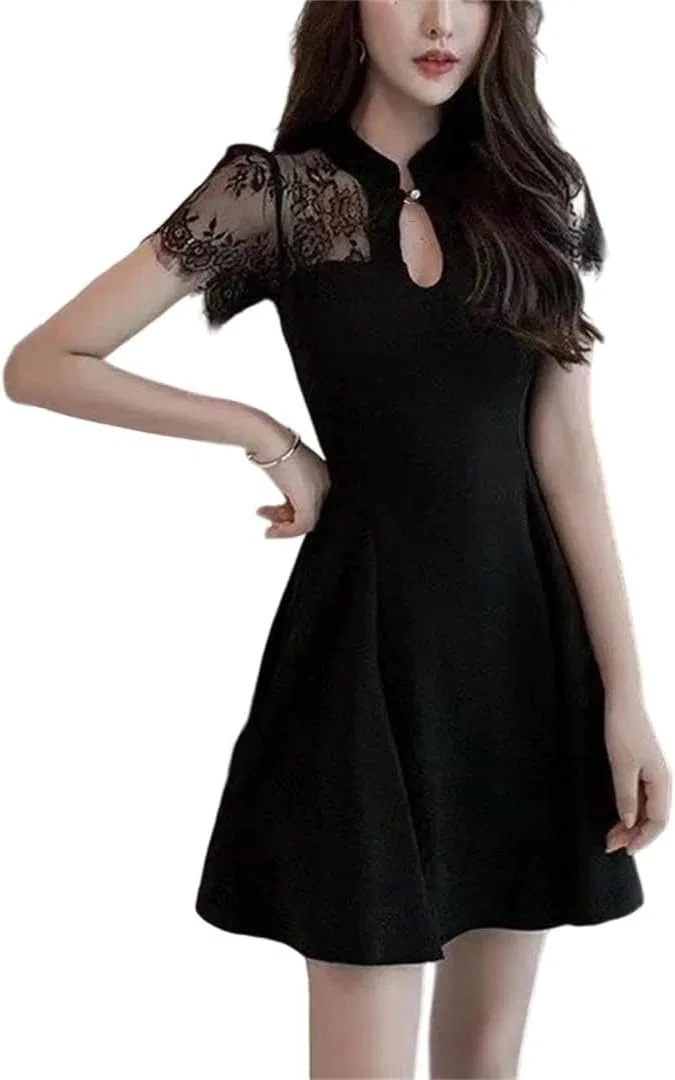 Женское мини-платье со шнуровкой и кружевом Summer, Black