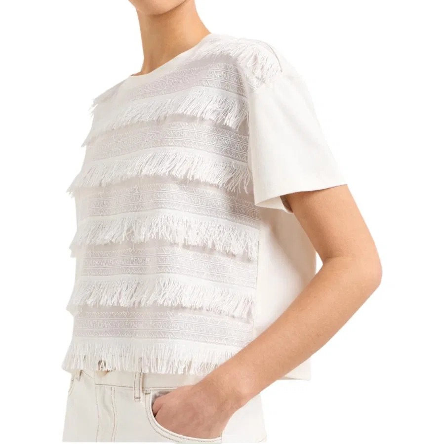 Женская футболка с бахромой Supima Interlock Jersey Fringed T shirt EMPORIO ARMANI, White — фото 4