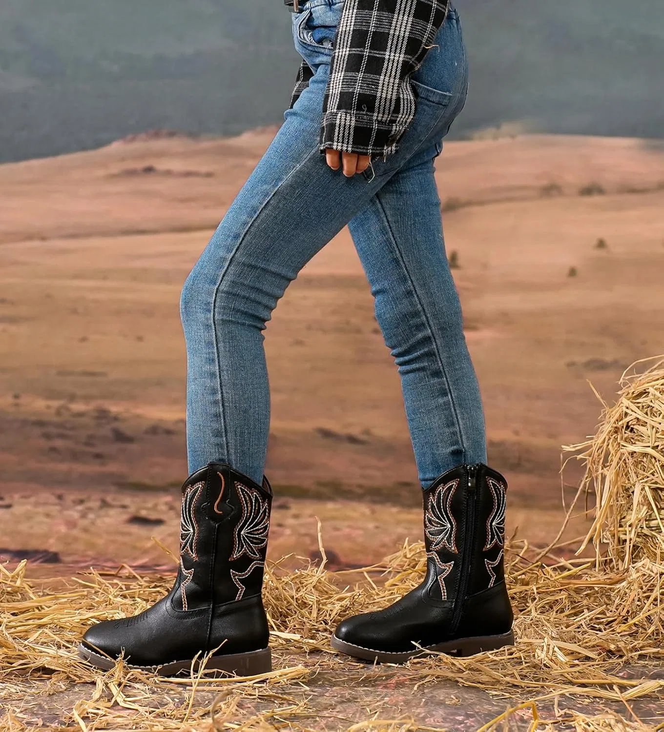 Детские сапоги для девочек с блестками и вышивкой Western DADAWEN, Black — фото 3