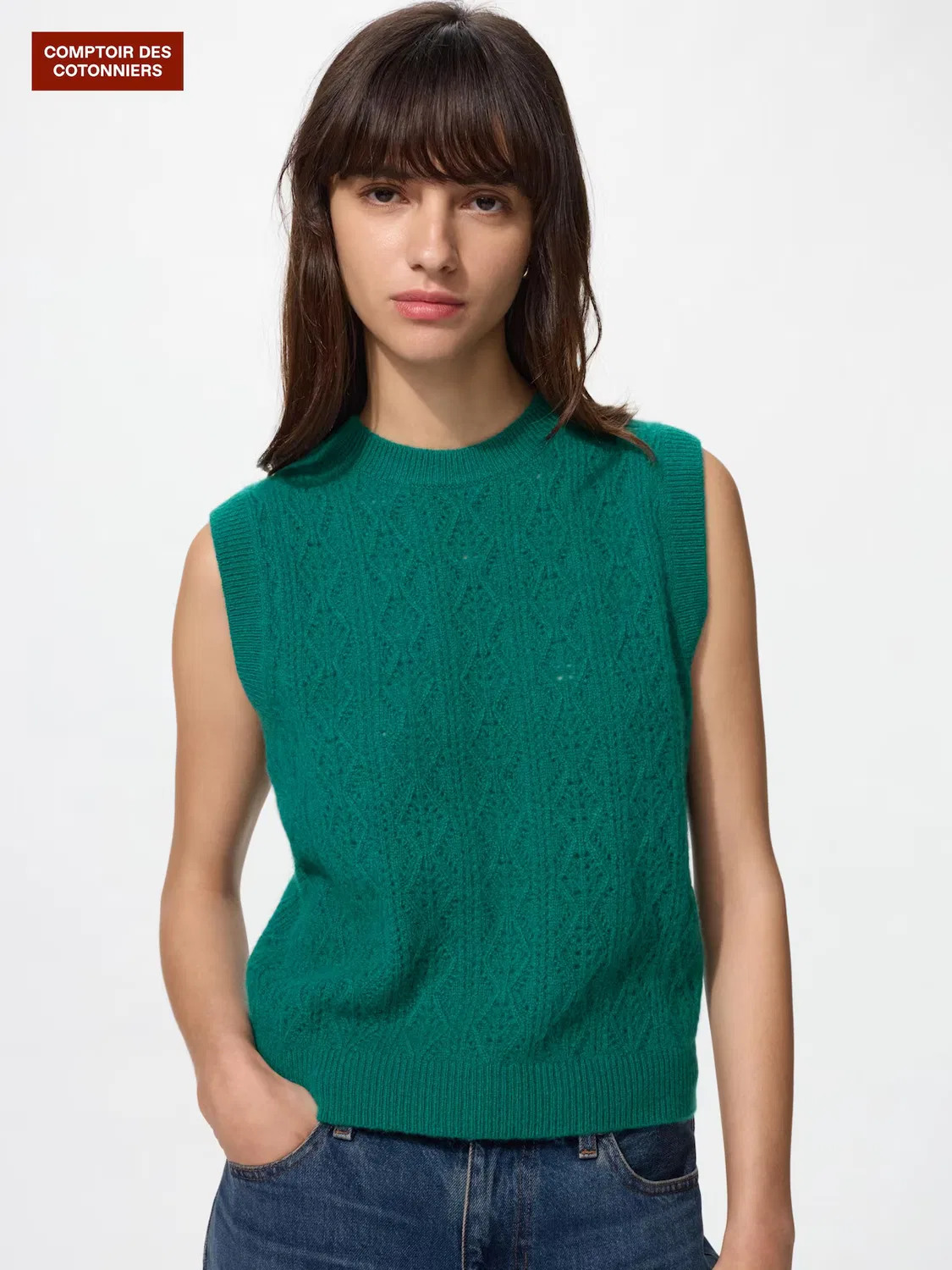 Жилет Uniqlo, кашемировый с ажурной отделкой, зеленый
