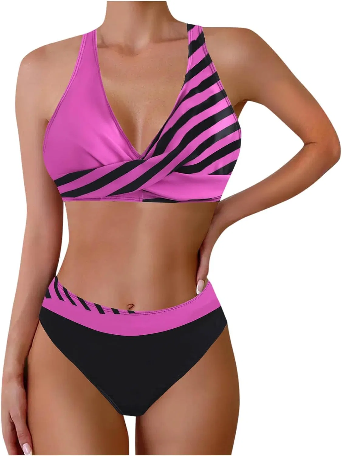 Женский бикини-сет с полосками Generic, Hot Pink