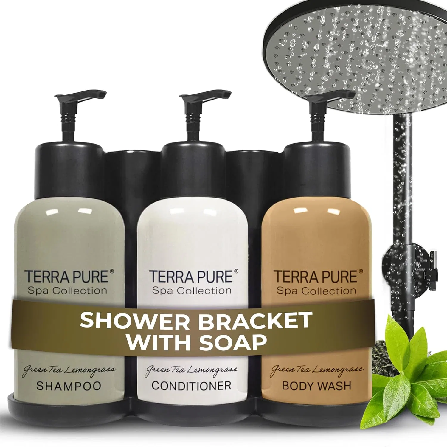 Дозатор для душа настенный Terra Pure, набор шампунь, кондиционер, гель для душа 3x300мл