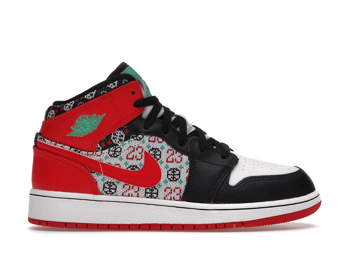 Детские кроссовки с праздничным дизайном Jordan 1 Mid SE Jordan, White/University Red/Black/Roma Green