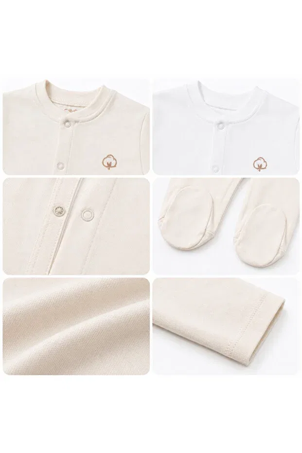 Детский комбинезон для сна хлопковый 2-Piece baby sleep and play jumpsuit with booties and snap fasteners Fyb, Cream-Ecru — фото 3