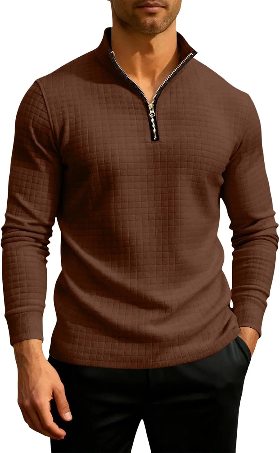 Мужская футболка с длинным рукавом и четверть-молнией Waffle Knit, Brown