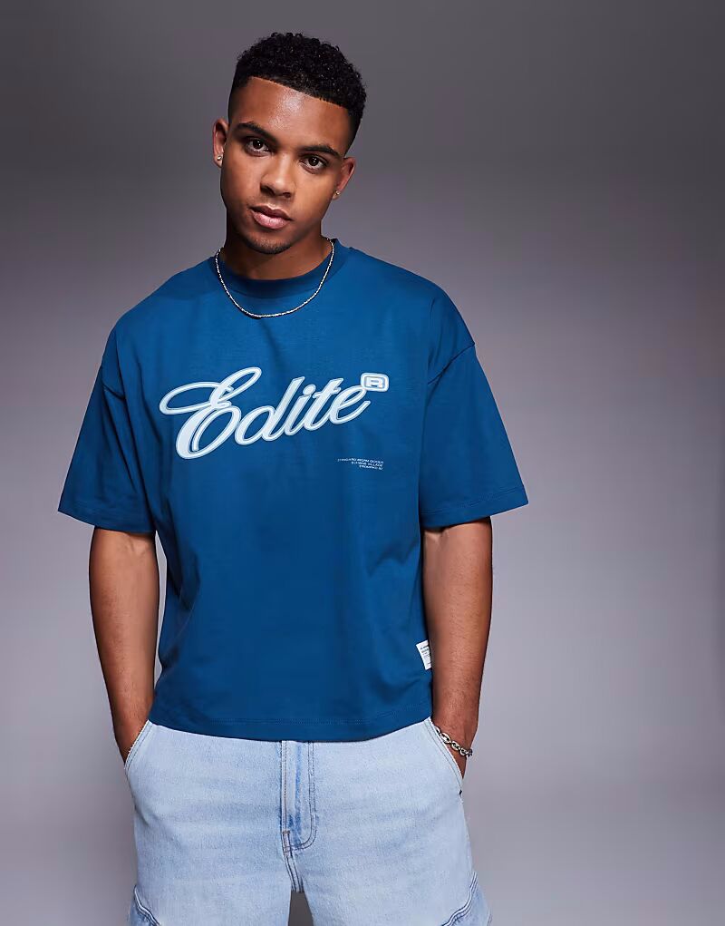 

Футболка свободного кроя ASOS DESIGN с текстовой графикой синего цвета