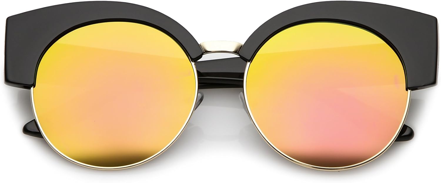 

zeroUV - Женские солнцезащитные очки в полуободковой оправе, с крупными зеркальными плоскими линзами, круглые, в форме «кошачьего глаза», диаметр линз 59 мм, Black Gold / Magenta Mirror