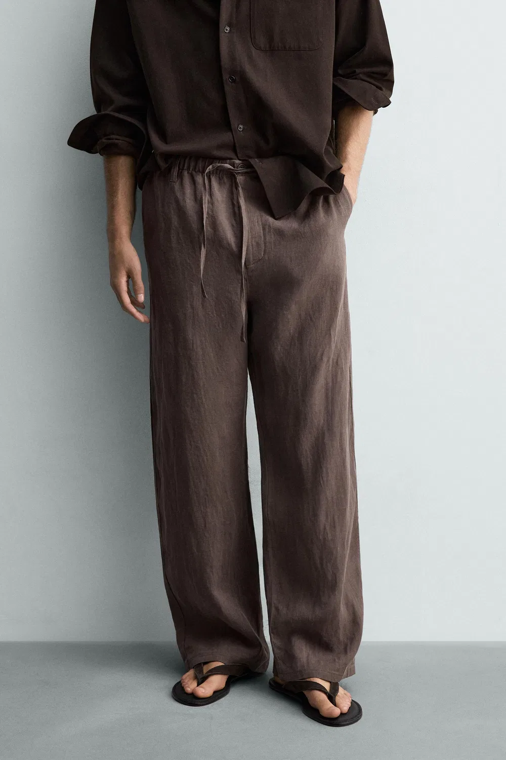 Брюки свободного кроя из 100% льна ZARA, Brown/Taupe — фото 2