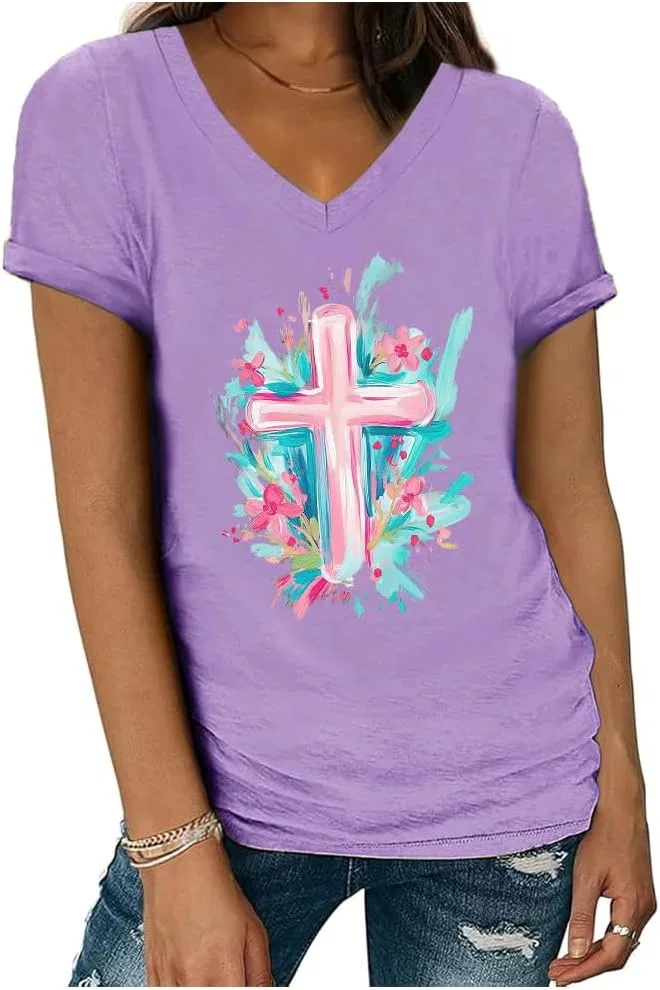 Женская футболка с принтом Easter Cross He is Risen, Light Purple