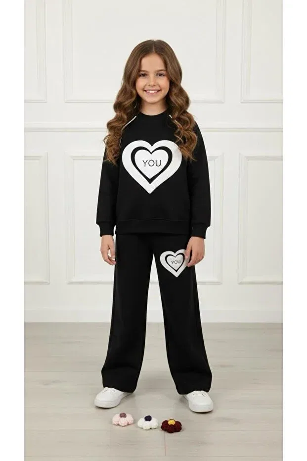 Детский комплект спортивного костюма для девочек с сердцем Kids Clup, Black