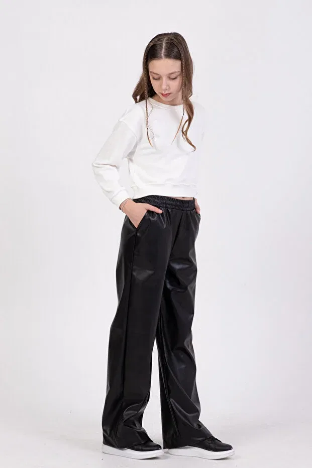 Детские брюки для девочек широкие с завышенной талией на шнурке Laced elastic waist wide leg high waist leather palazzo Dmb Boys & Girls, Black