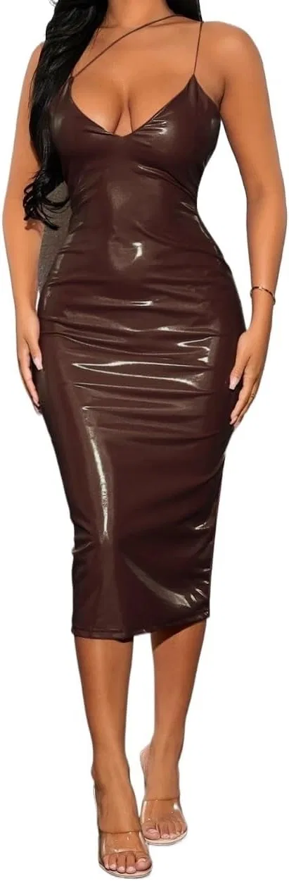 Женское платье миди из PU кожи Bodycon, Chocolate Brown