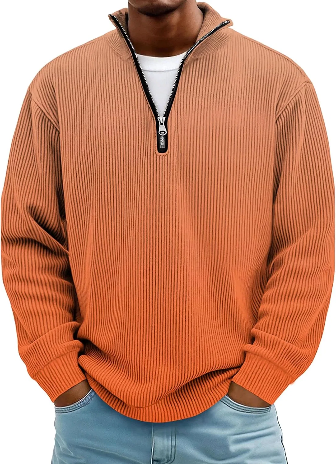Мужская повседневная футболка с длинным рукавом хенли, Orange — фото 2