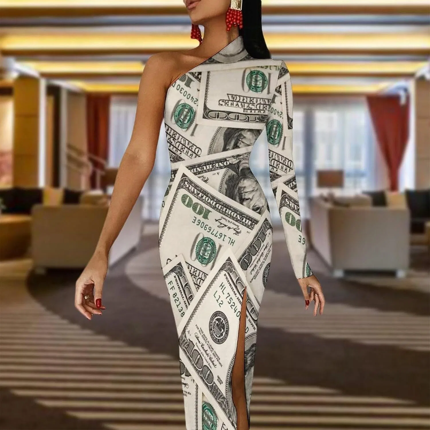 Женское одно плечо платье с разрезом Money American Hundred Dollar Bills, Style — фото 2