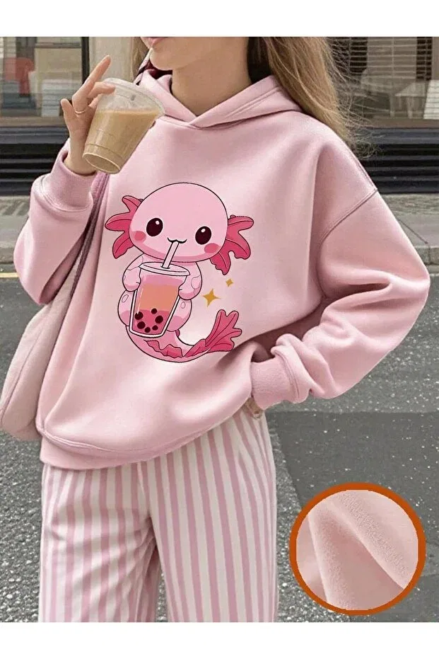Детские свитшот для девочек с принтом Pink Cute Axolotl And Bubble Tea, Afri, Pink