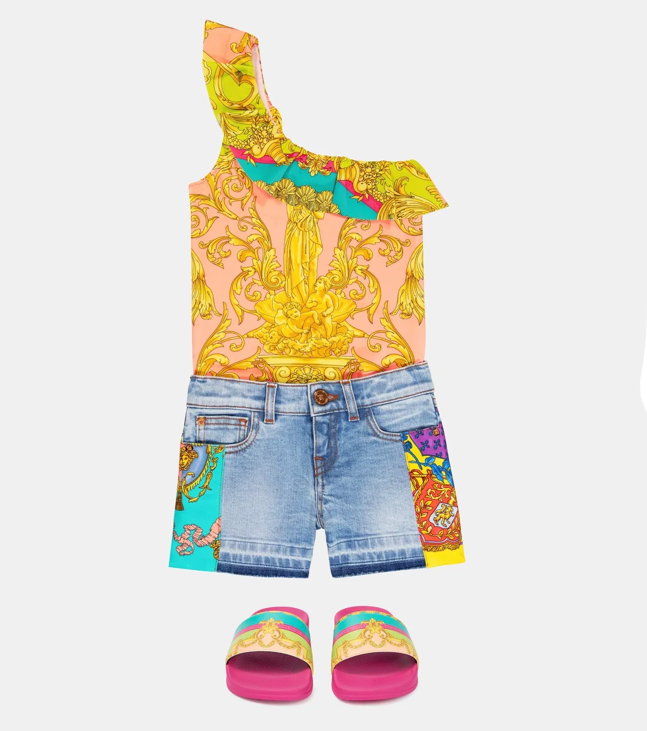 Раздельный купальник с принтом барокко Versace Kids, оранжевый — фото 2