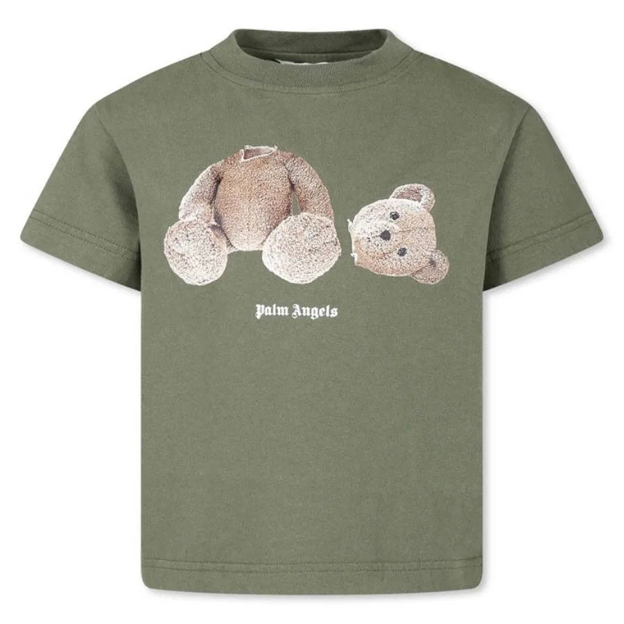 Футболка хлопковая с принтом Kids Teddy Bear Palm Angels, Military Green