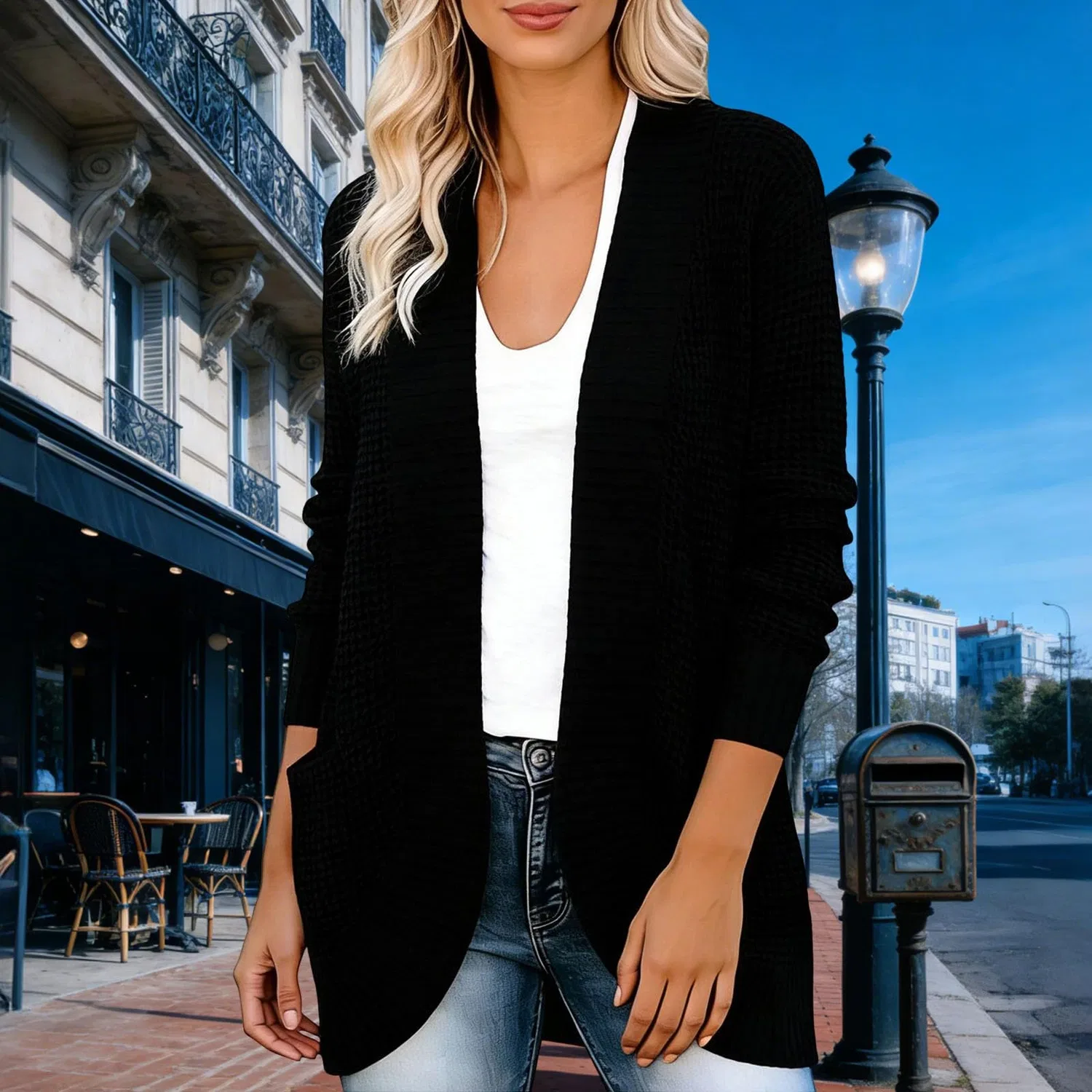 Женское пальто с длинным рукавом Cardigan Drappeggiato in Maglia Grossa, Nero — фото 2