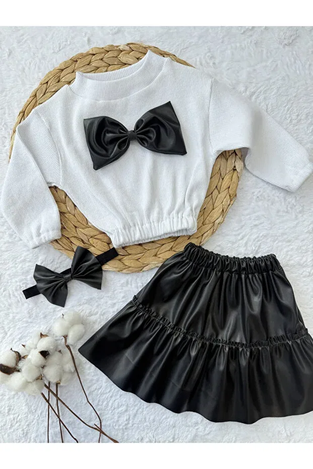 Детский комплект для девочек с принтом Girl & baby set leather skirt bow badi bandana set Akif Giyim, White