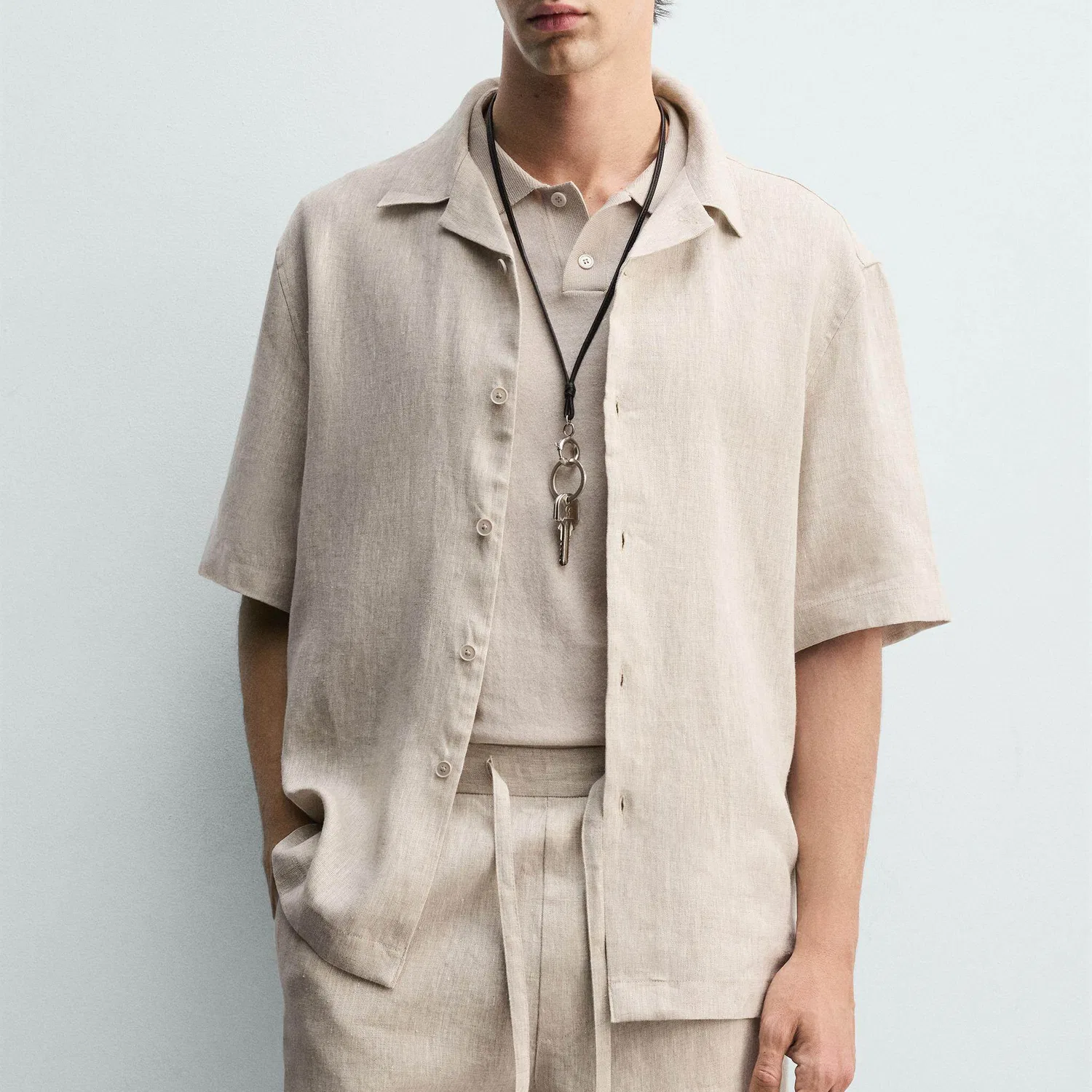 Мужская рубашка с кубинским воротником, Beige, ZARA — фото 4