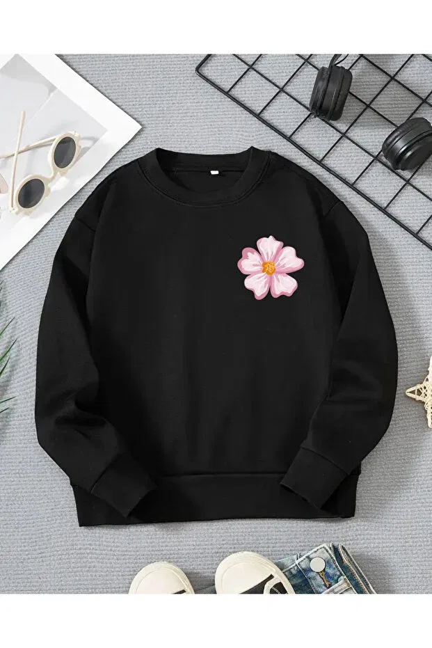 Детская футболка с принтом для девочек Girls' Floral Print Long Sleeve T-Shirt Haha, Black
