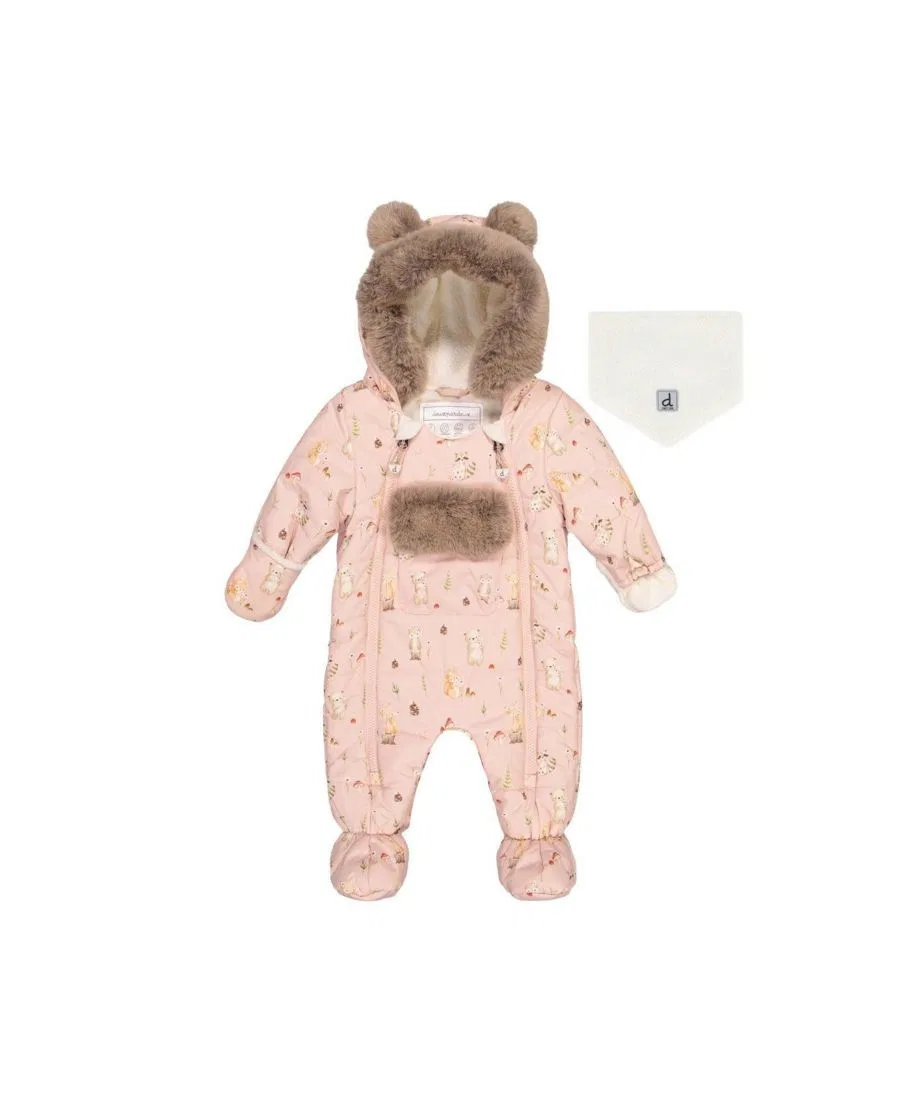 Детский зимний комбинезон-слитник с капюшоном и ушками Deux par Deux, Pink Animal Print
