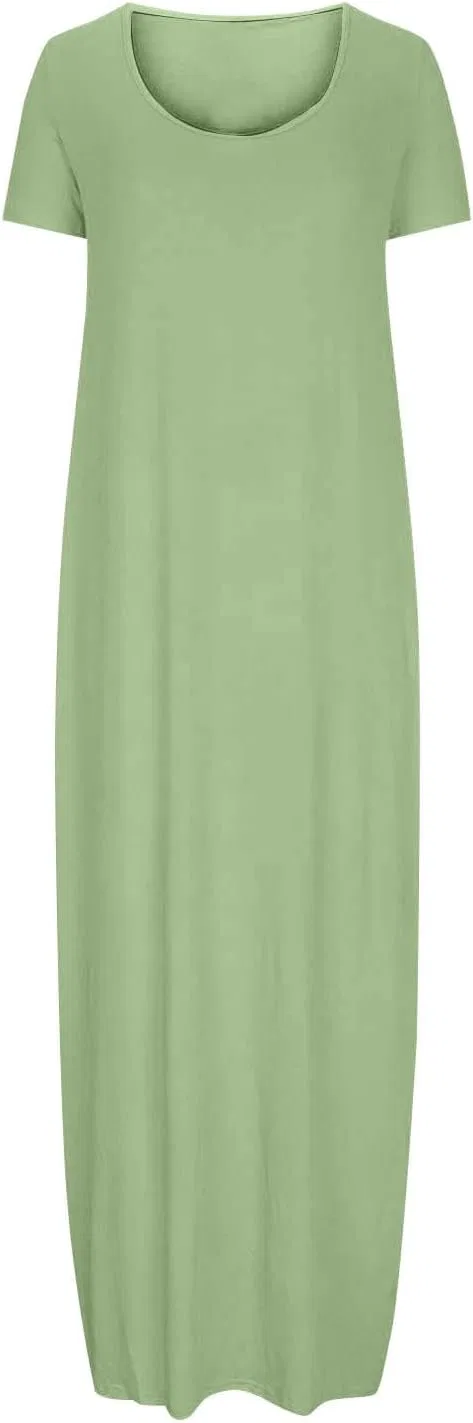 Женское летнее макси-платье с коротким рукавом и круглым вырезом, Light Green — фото 4