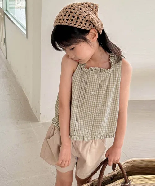 Детская блузка без рукавов с воланами Checkered Frill ONEP STAR, Light Khaki — фото 4