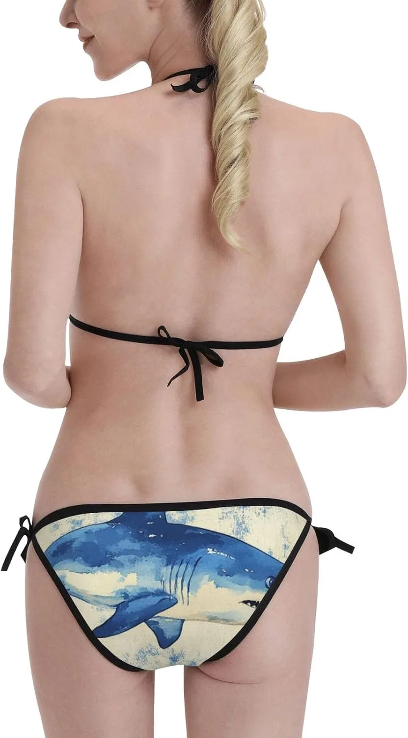 Женский бикини-сет с цветочным принтом Halter Triangle Tie Side, Watercolor Great White Shark — фото 3