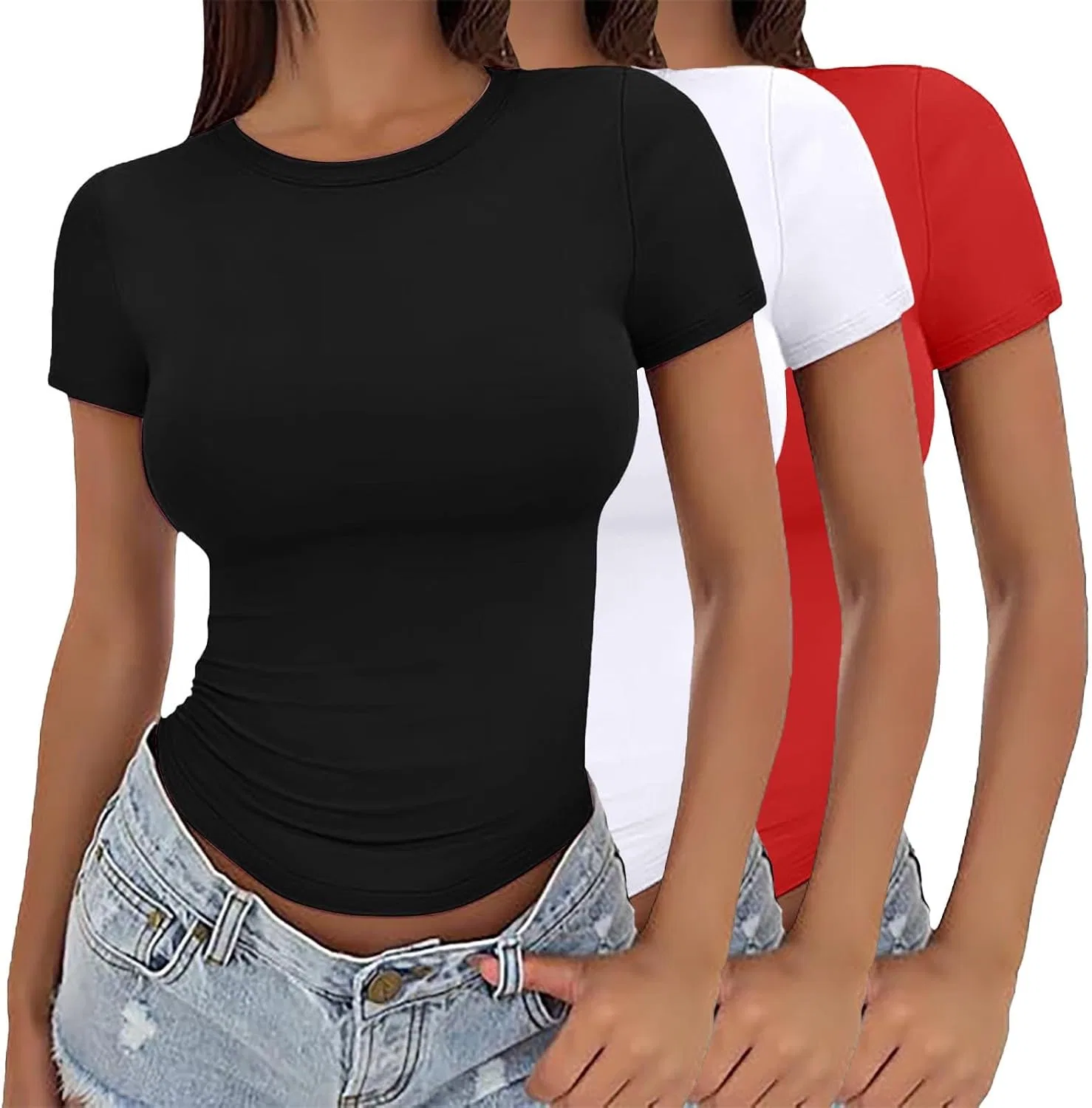 Женский комплект из 3 облегающих топов-кропов с коротким рукавом, Bowling Shirt, C