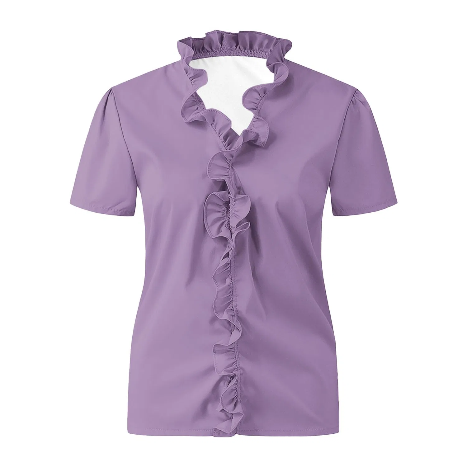 Женская блузка с V-образным вырезом и воланами, с коротким рукавом, Short Sleeve-purple 02 — фото 4