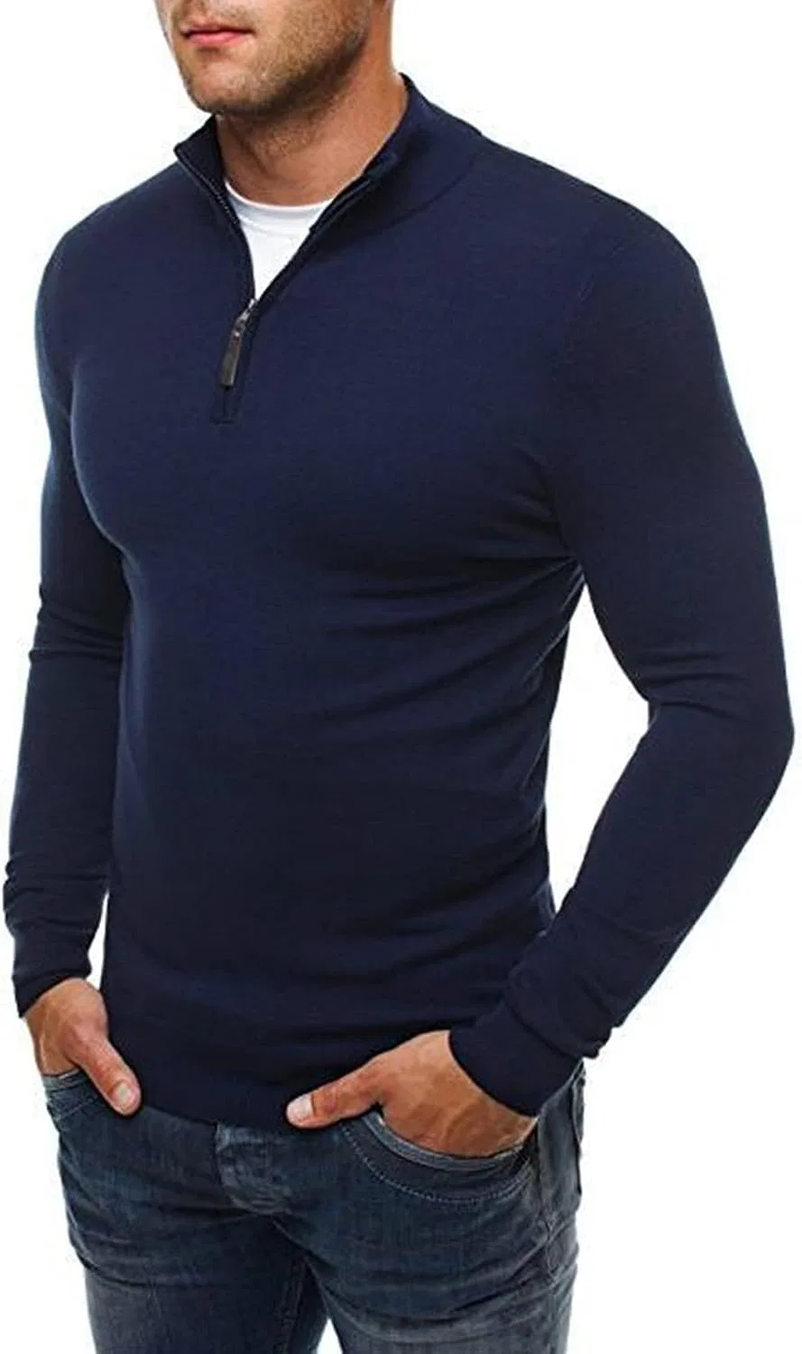 Джемпер мужской с полузастежкой-молнией, Slim Fit, Generic, XXL, Blue — фото 3