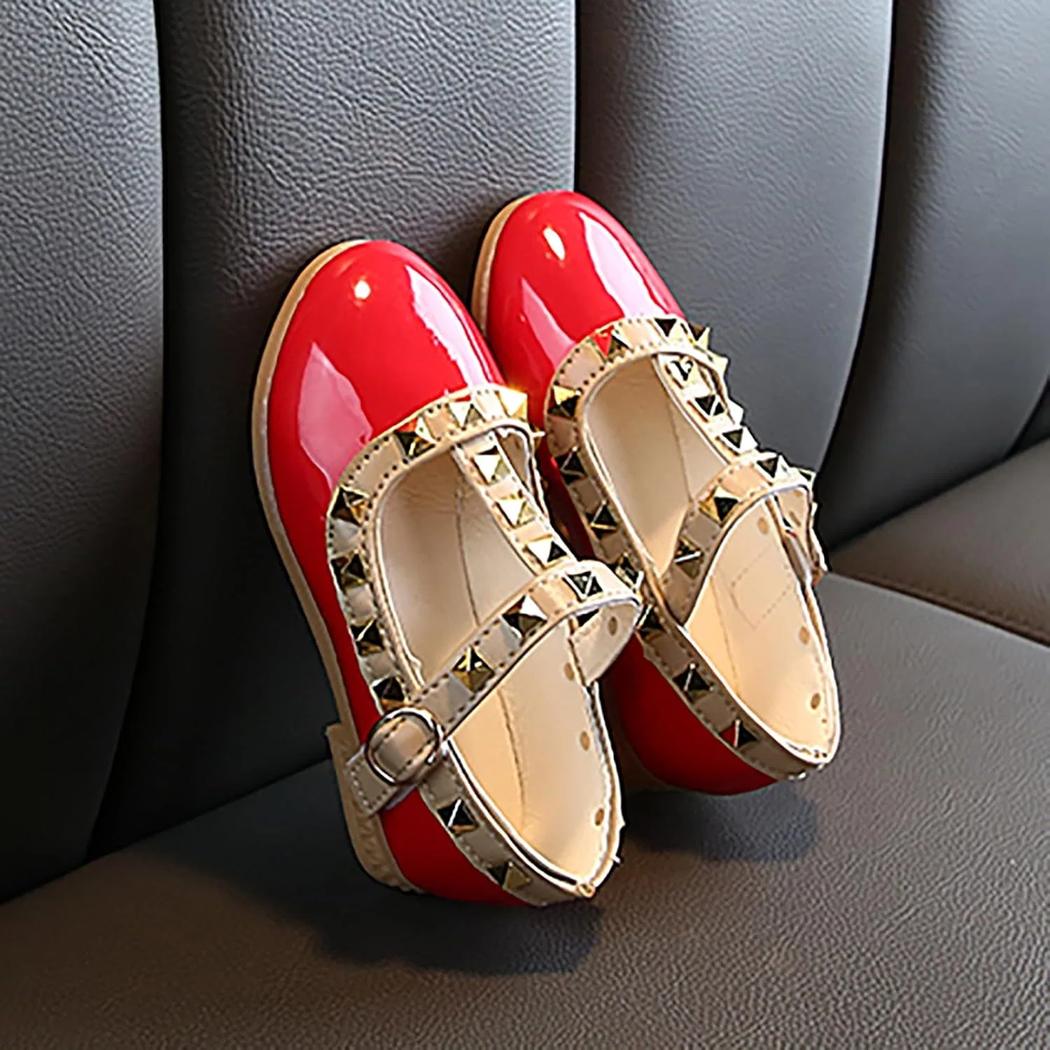 Детские туфли для девочек с блестками Mary Jane Flat Low Heel Princess Dress Shoes, Red — фото 4