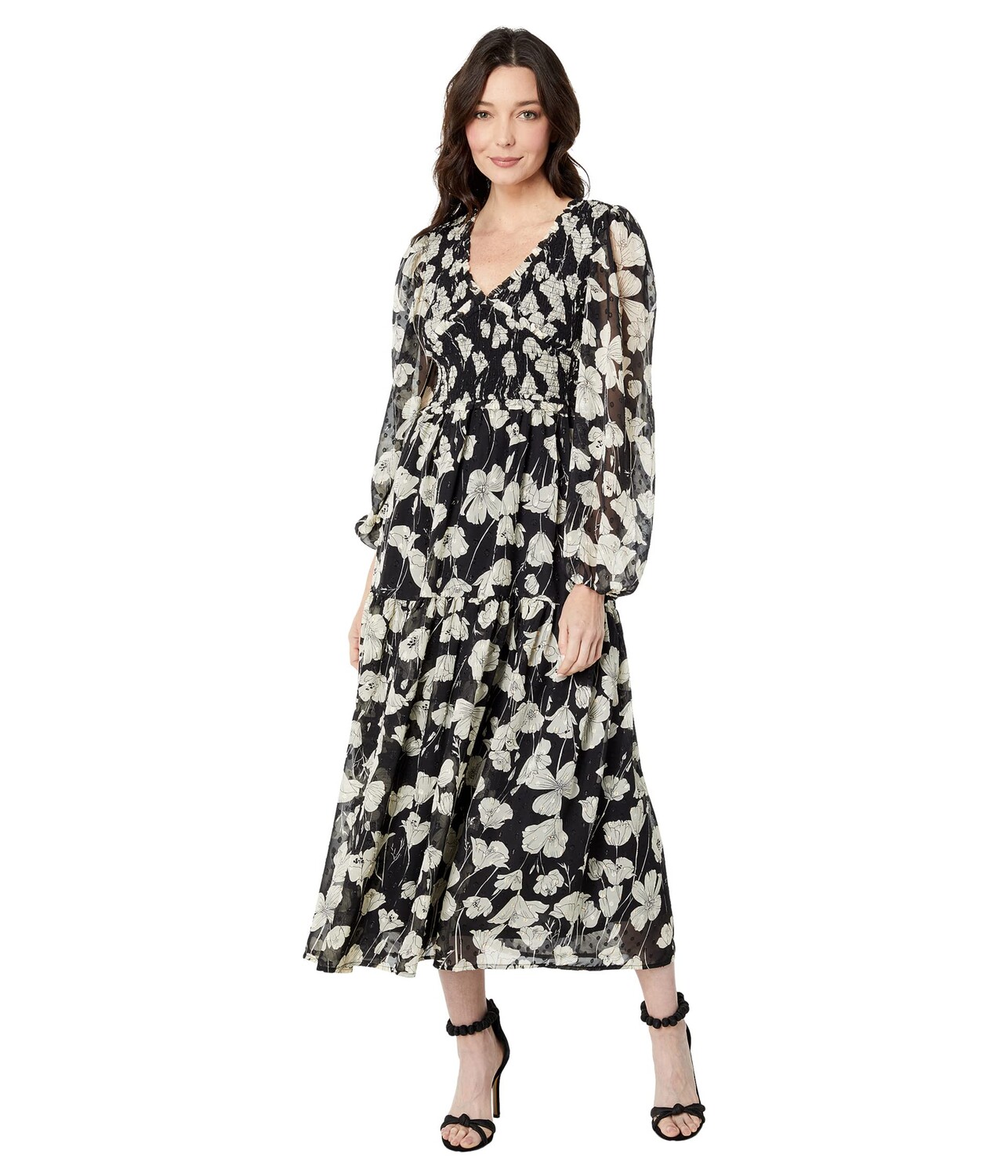 

Платье MOON RIVER, Floral Smocked V-Neck Midi Dress