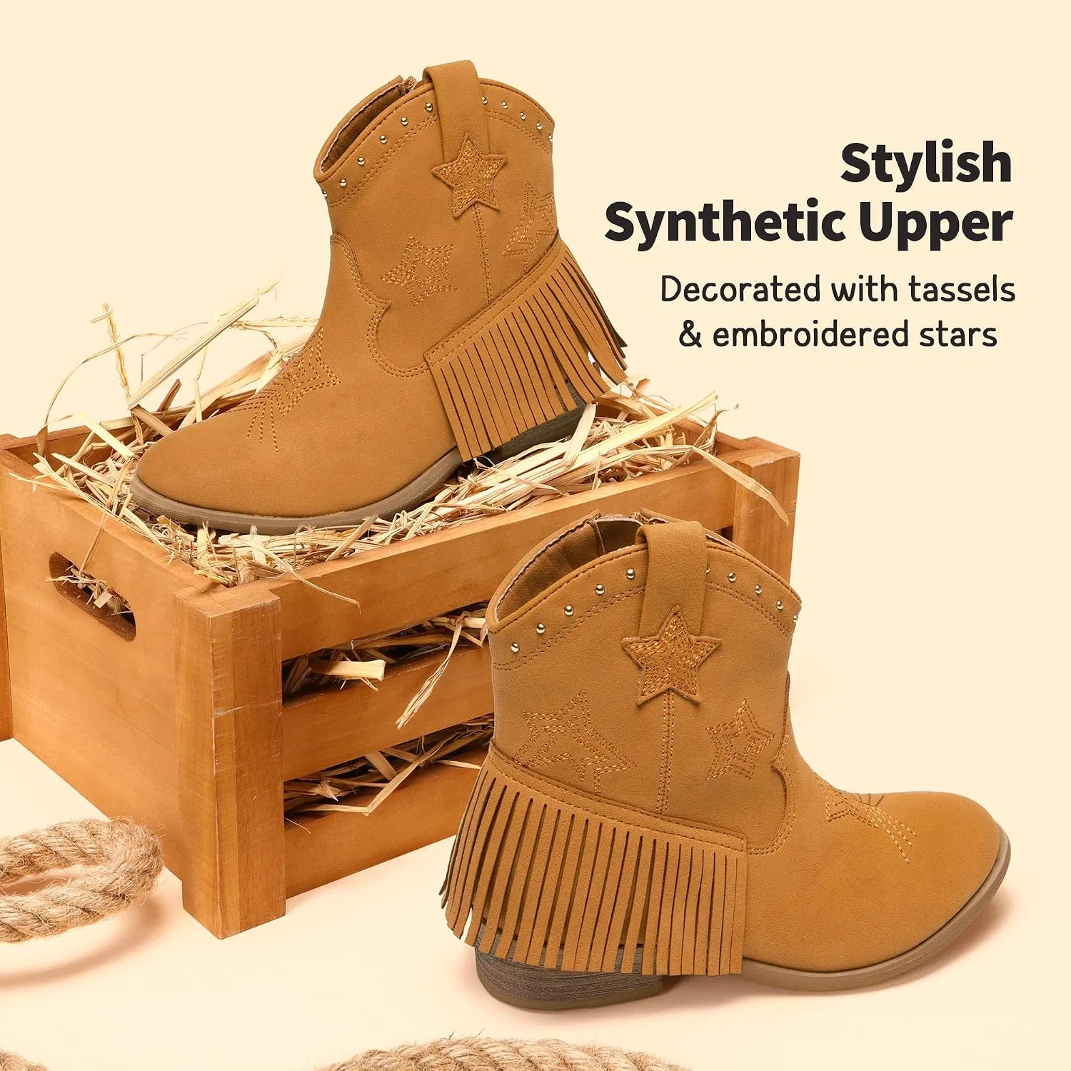 Детские сапоги для девочек с кисточками и звездами DREAM PAIRS, Camel-Suede — фото 3