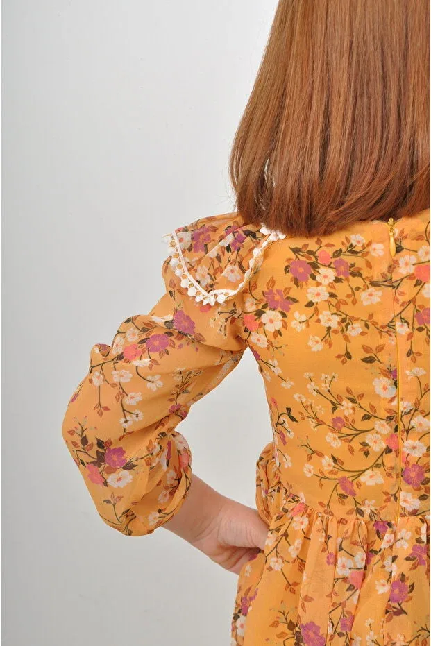 Детское платье для девочек с принтом Girl'S Dress Mustard Floral Pompom Detail Casual Birthday Dress Filizdens Kids, Sarı — фото 4