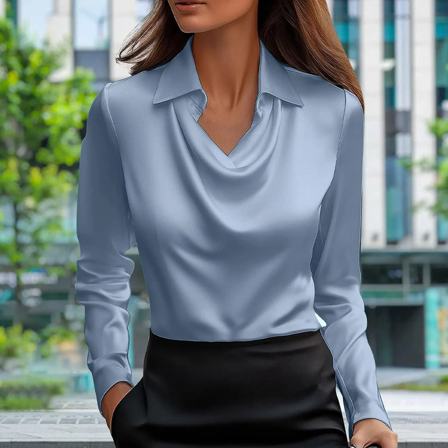 Женская блуза с драпированным вырезом Satin Silk, A-blue — фото 2